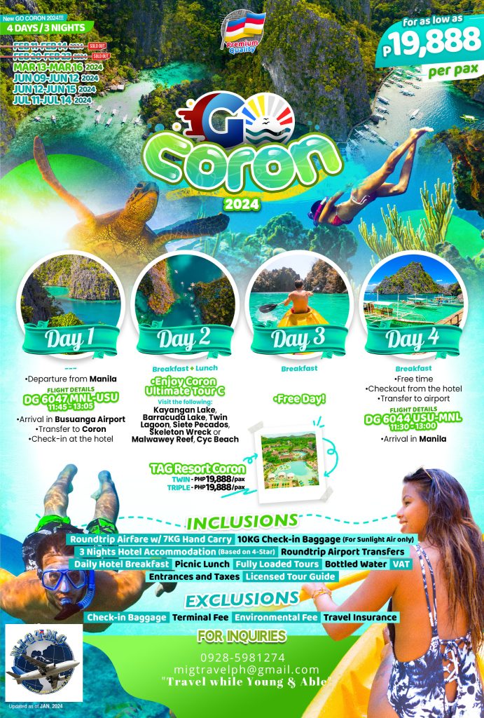 Visit the following: • Kayangan Lake • Barracuda Lake • Twin Lagoon • Siete Pecados • Skeleton Wreck or Malwawey Reef • Cyc Beach • Lunch Area (White Sand Beach)